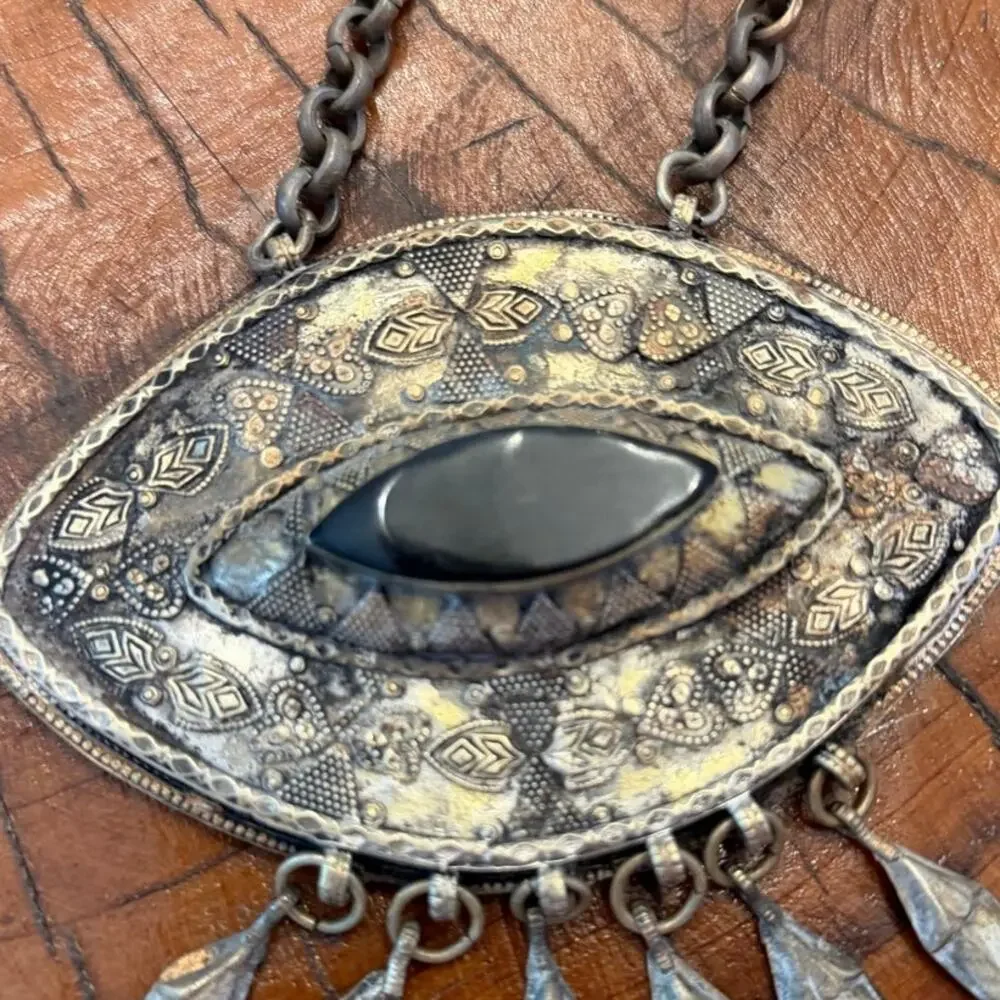 Vintage 60s Silver Tone Metal & Black Stone Afghan Evil Eye Oversize Pendant